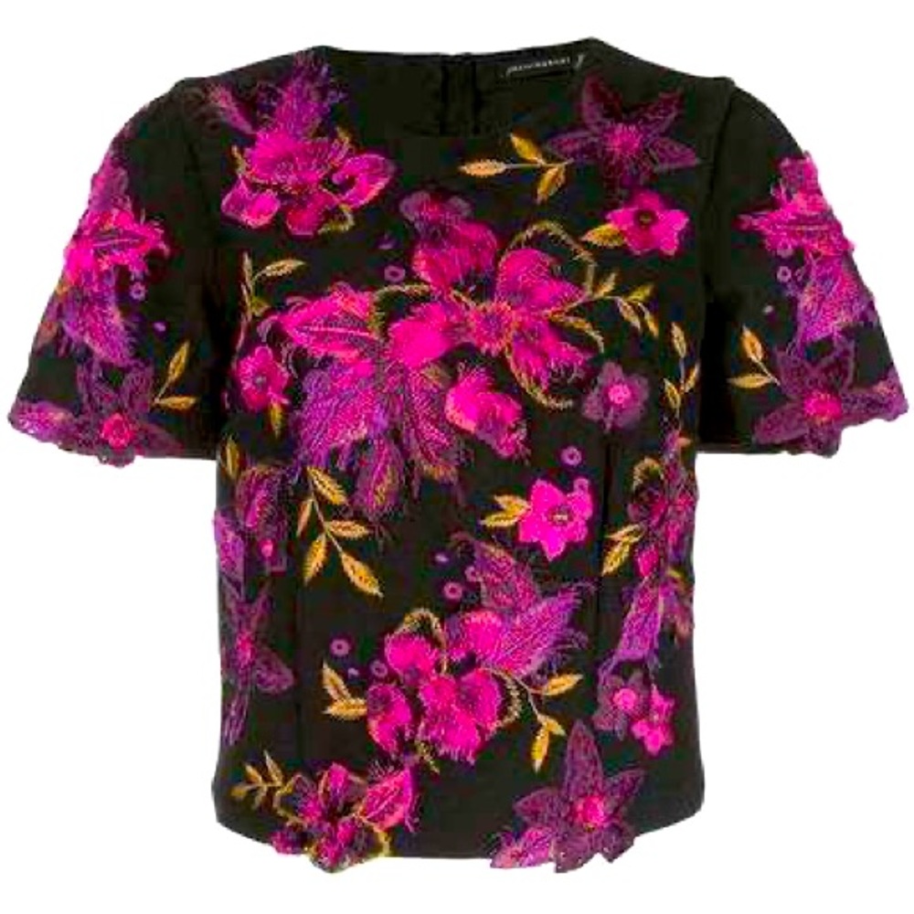 Josie Natori RARE Embroidered Short Sleeve Top
